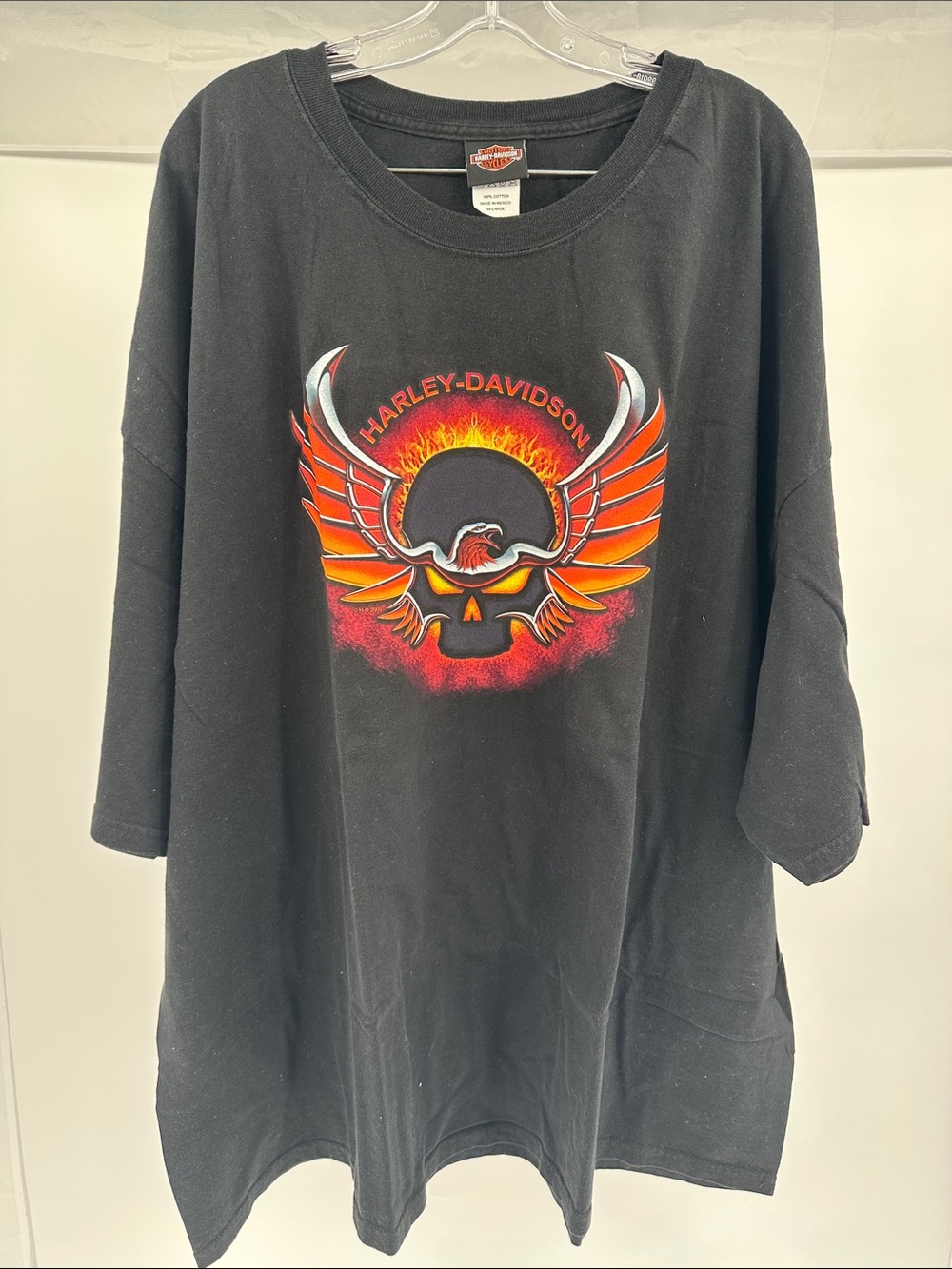 Harley-Davidson Black T-Shirt with Orange and Red Flaming Wing Skull Graphic
